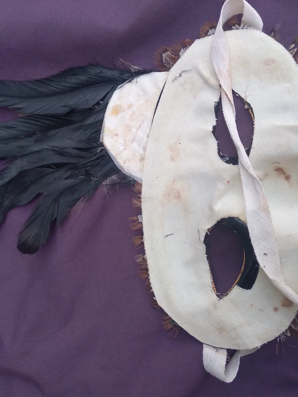Masquerade Feather Eye Mask with Gold Trim - Brown, White, Purple